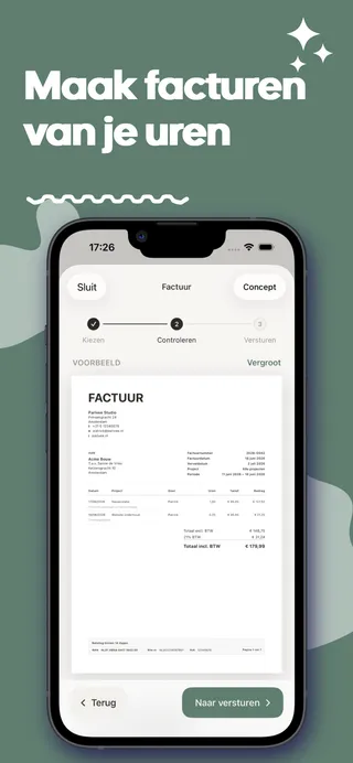 Uurwerk app screenshot: factuur maken van geregistreerde uren met factuurvoorbeeld inclusief btw en totaalbedrag