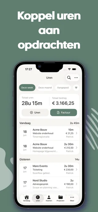 Uurwerk app screenshot: urenoverzicht per week met totaal uren, totaal bedrag en urenregels gekoppeld aan klanten en projecten