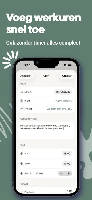 Uurwerk app screenshot: handmatig werkuren toevoegen met datum, klant, project, omschrijving, start- en eindtijd en pauze