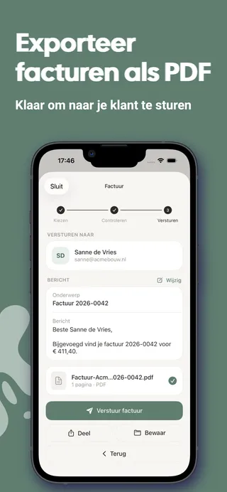 Uurwerk app screenshot: factuur exporteren als PDF en versturen naar je klant per e-mail