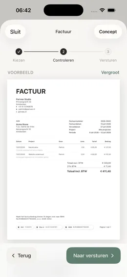 Factuur controleren in Uurwerk met factuurvoorbeeld inclusief urenregels, btw en totaalbedrag