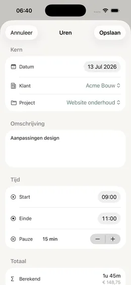 Handmatig uren registreren in Uurwerk met datum, klant, project, omschrijving, start- en eindtijd en pauze