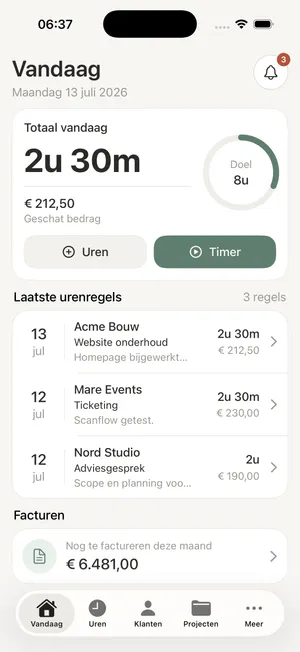Uurwerk urenregistratie app op iPhone: Vandaag-scherm met dagdoel, urentimer en laatste urenregels